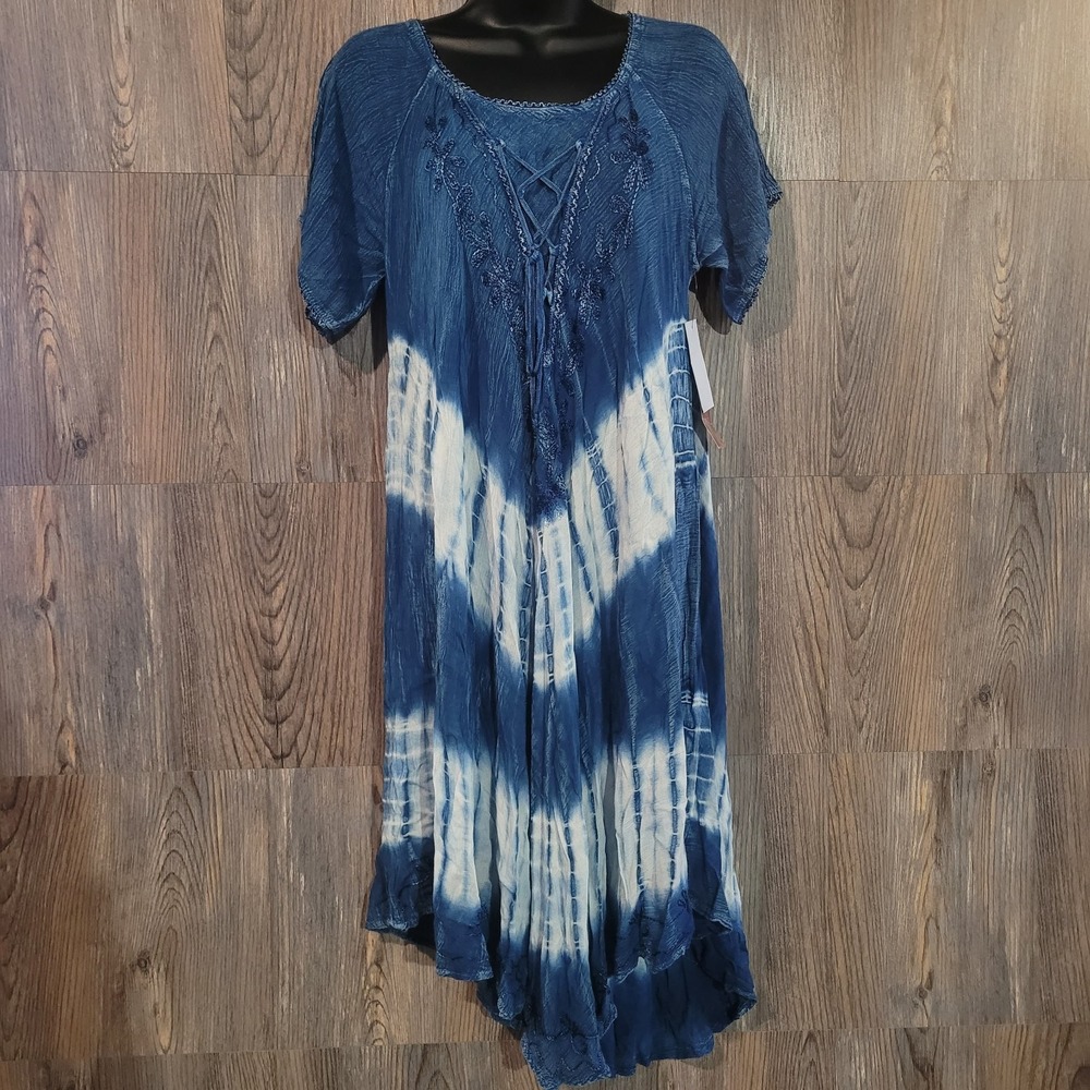 Raya Sun Semi-Sheer Dress Size Small Blue/White Tie-Dye Boho Hippie Flowy